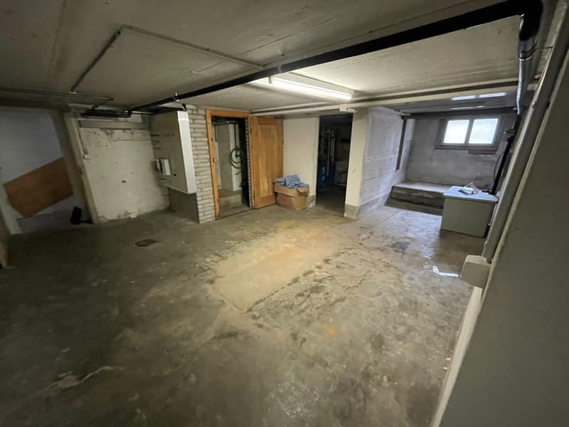 The image shows a basement or storage area with a concrete floor, exposed brick walls, and various items and boxes scattered around. The space appears to be unfinished and in need of renovation or cleaning.