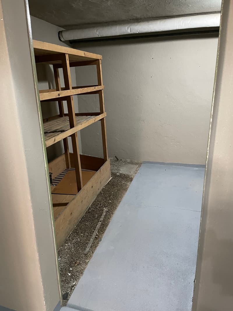 Empty room with wooden shelf, concrete floor, and white walls