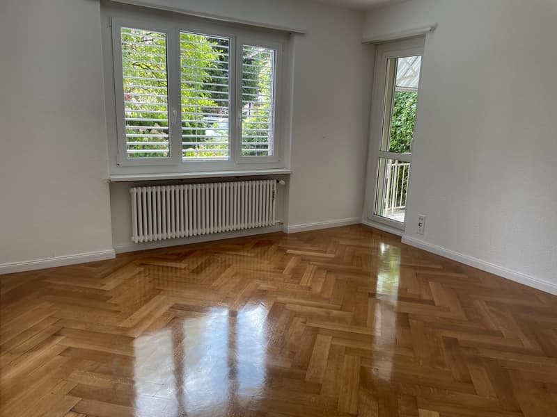 empty room, wooden parquet floor, white walls, white radiator, large windows with shutters, balcony