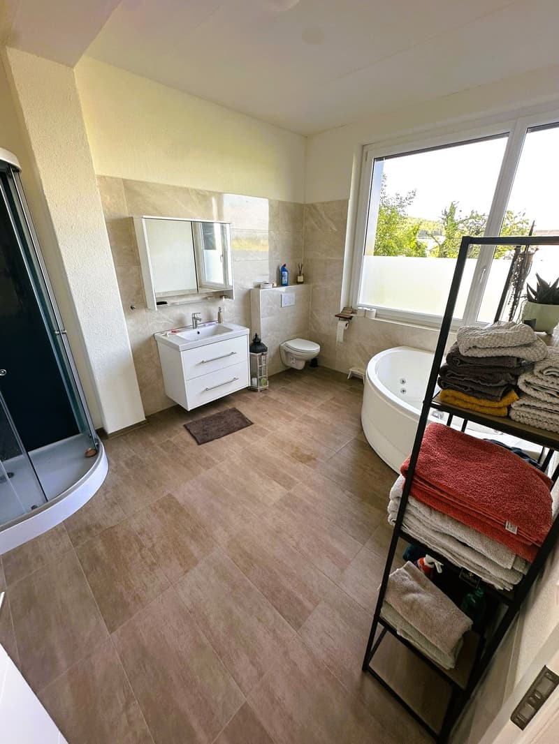 Bathroom with shower, bathtub, sink, toilet, and towel rack