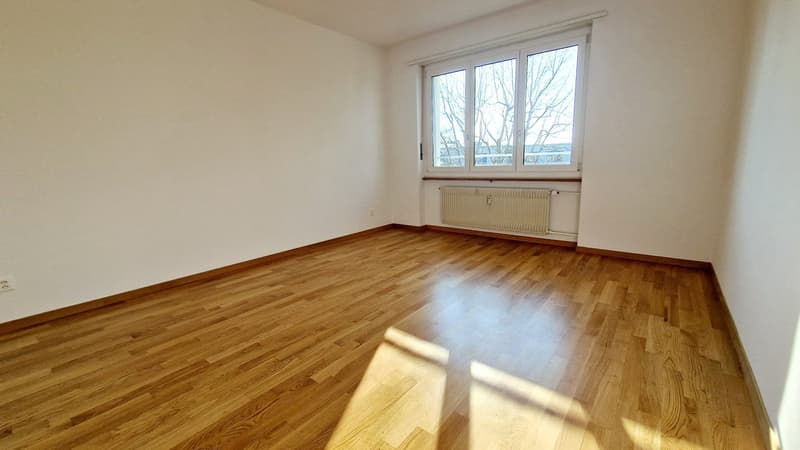 large room, wooden floor, white walls, double glazed window, radiator