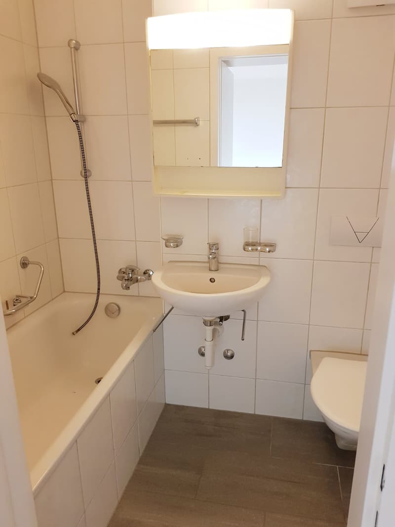 white bathroom with bathtub, sink, toilet, shower and mirror