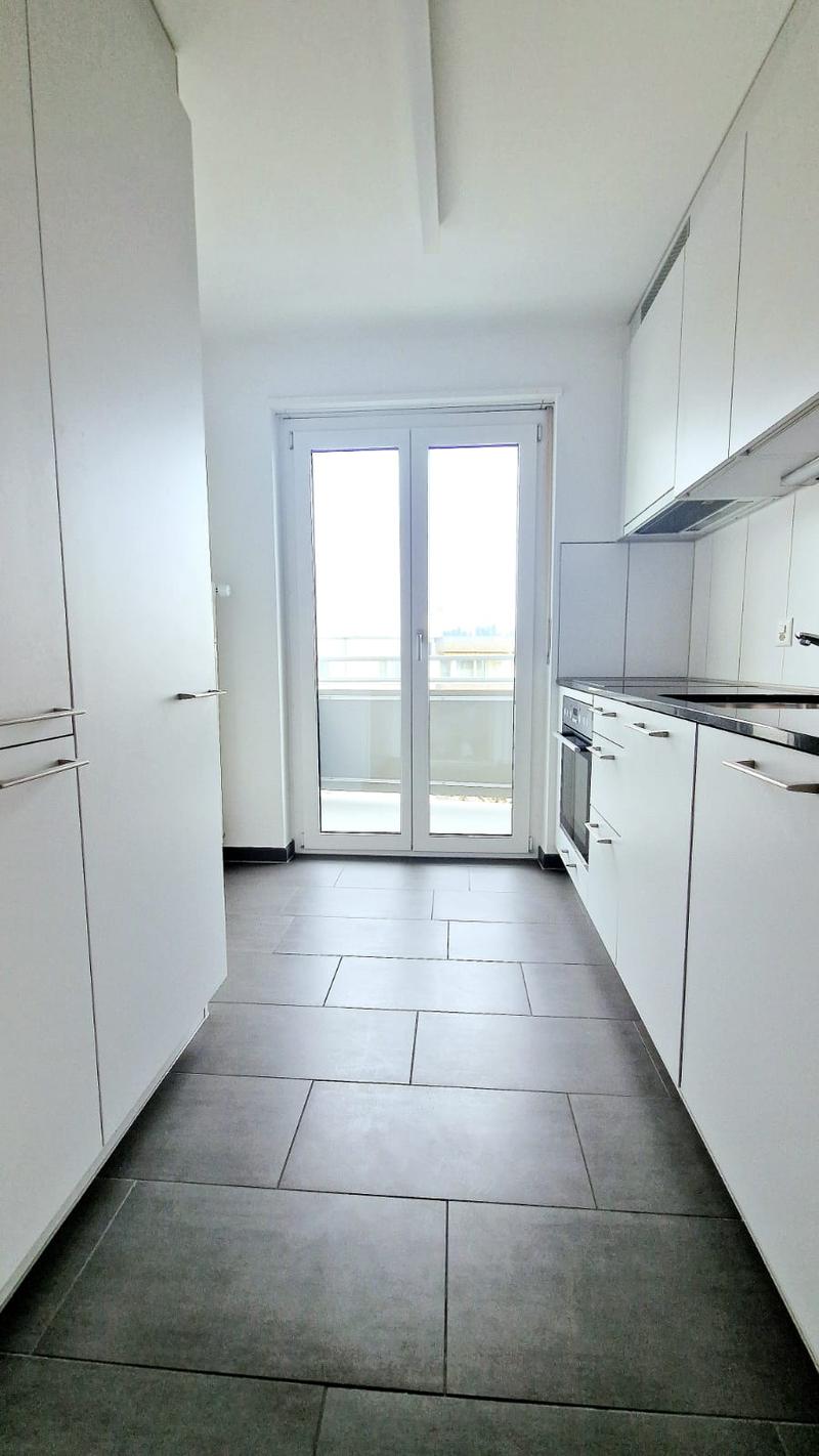 Empty kitchen, dark tiles, double sliding glass door to terrace, white cabinets, black countertops, kitchen appliances.