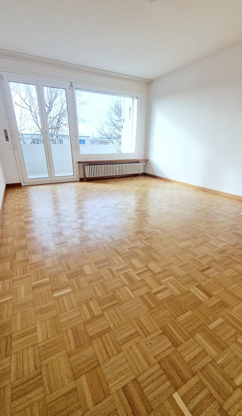 Wooden parquet floor, large windows with balcony, white walls, heating radiator
