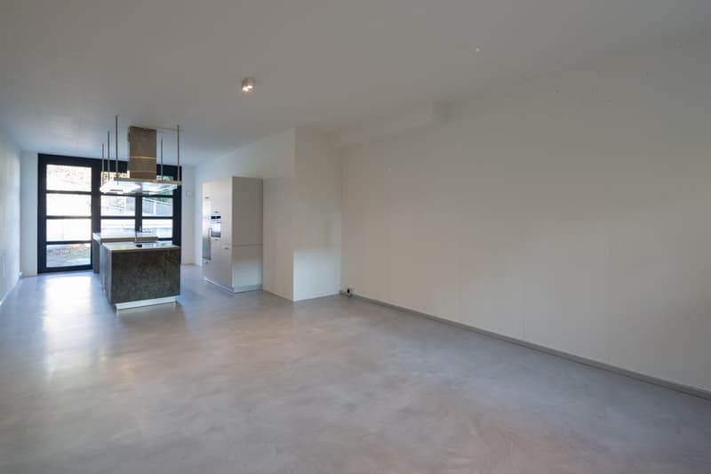Empty room with white walls, gray floor, kitchen island, large window, kitchen appliances