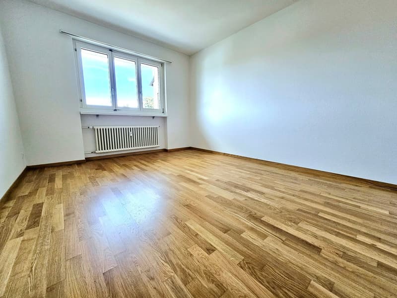 empty room, white walls, wooden floor, large window, white radiator