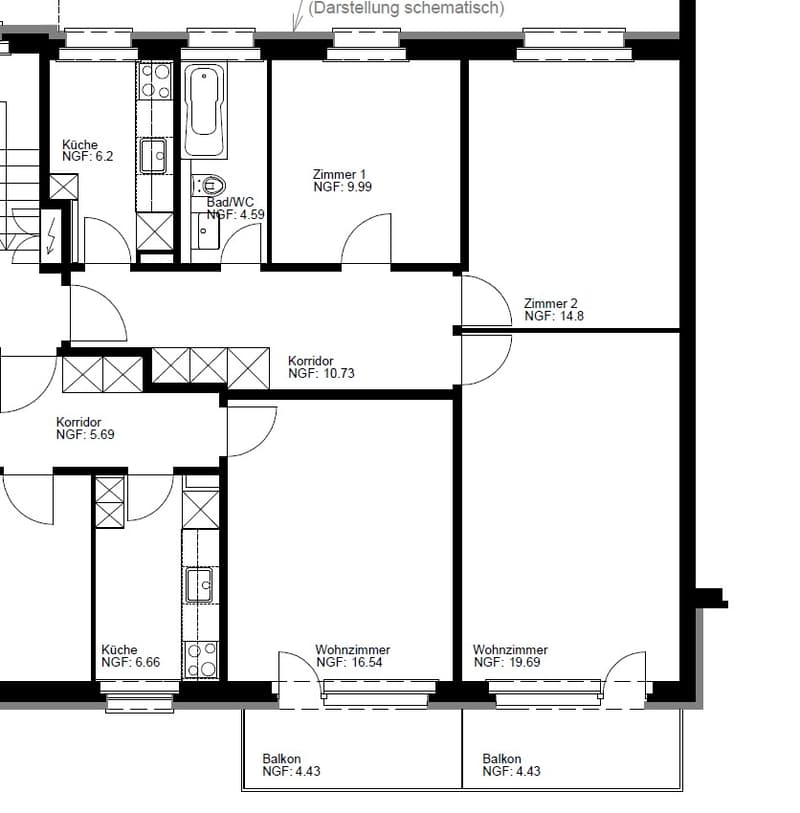 2 bedrooms, 2 bathrooms, 2 kitchens, 2 living rooms, 2 balconies