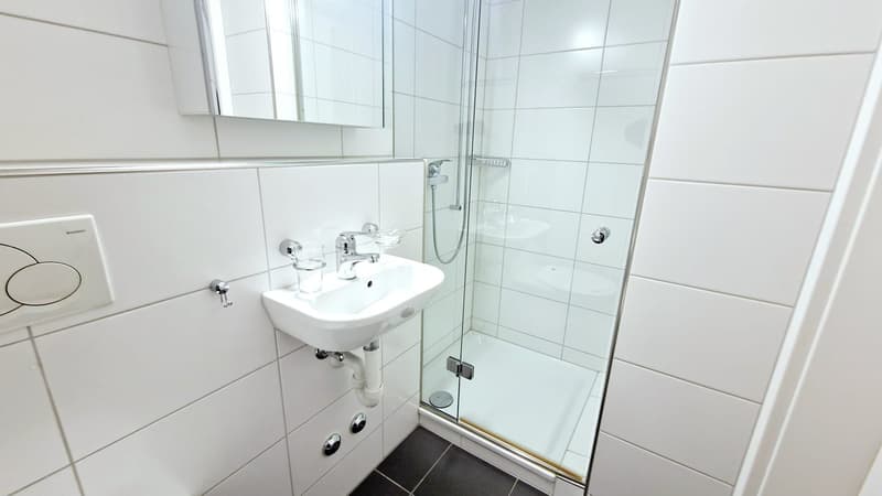 Bathroom with white tiles, glass shower, white sink, mirror, and faucet