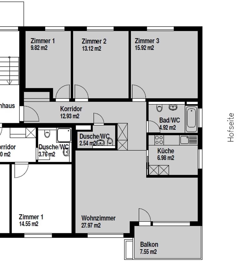 3 bedrooms, 2 bathrooms, living room, kitchen, corridor, balcony