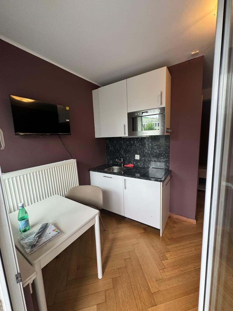 small kitchen with sink, microwave, and dishwasher, table, chair, radiator, TV