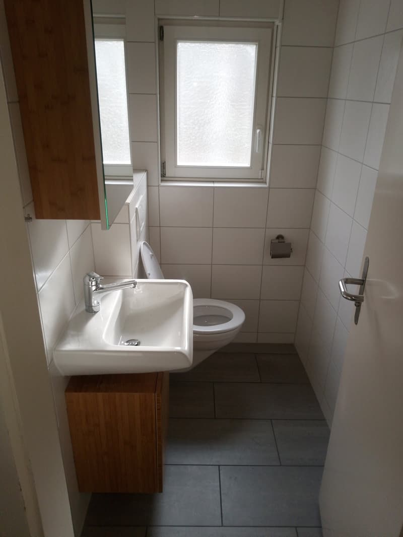 small bathroom with white tiles, white sink, white toilet, wooden cabinet, mirror
