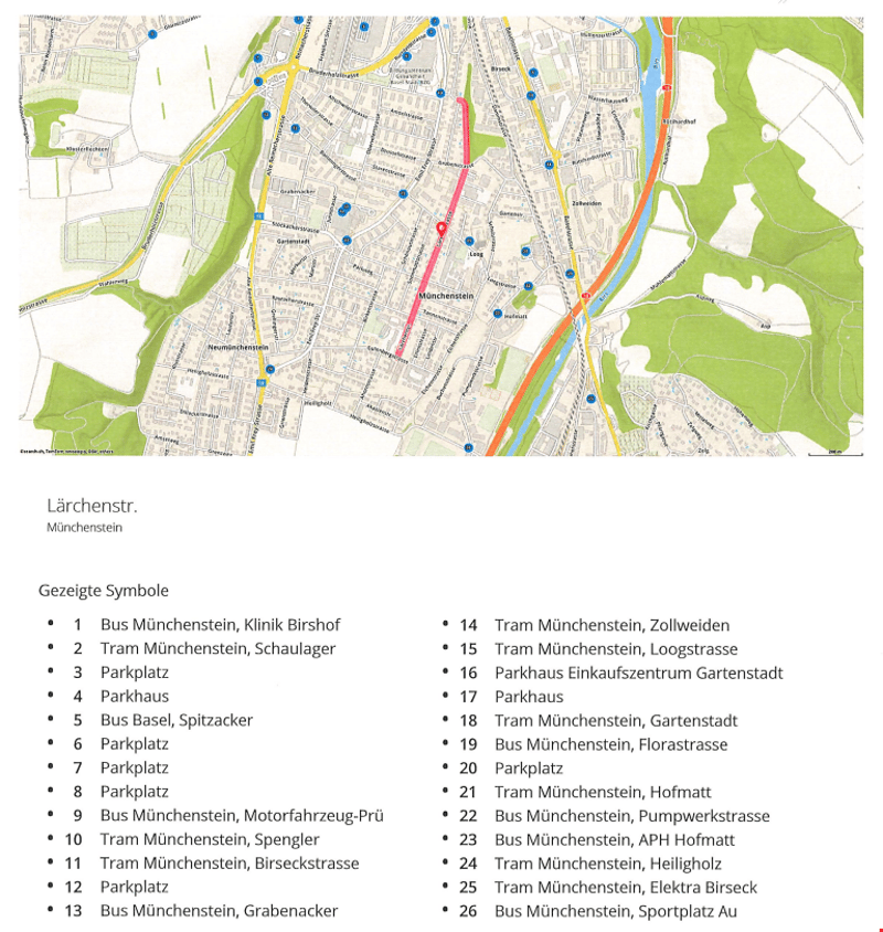 Lageplan Münchenstein mit allen Bus- und Tramhaltestellen