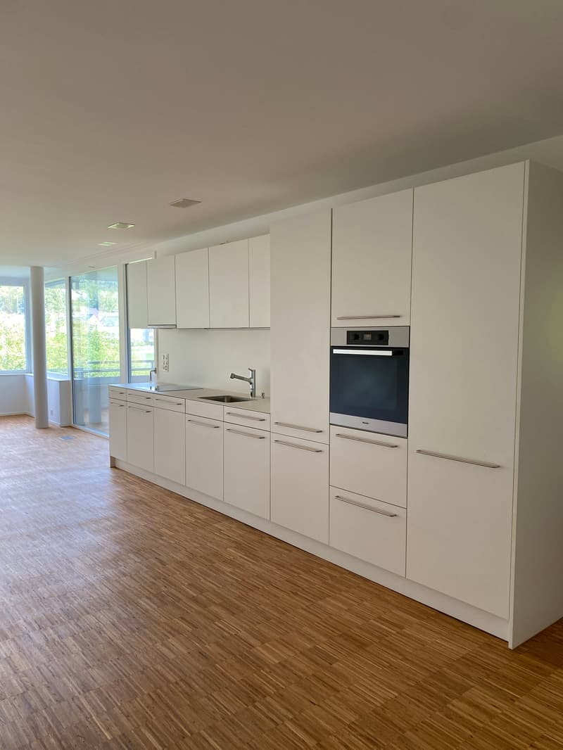 white kitchen, wooden floors, glass door, oven, sink, faucet, cabinets