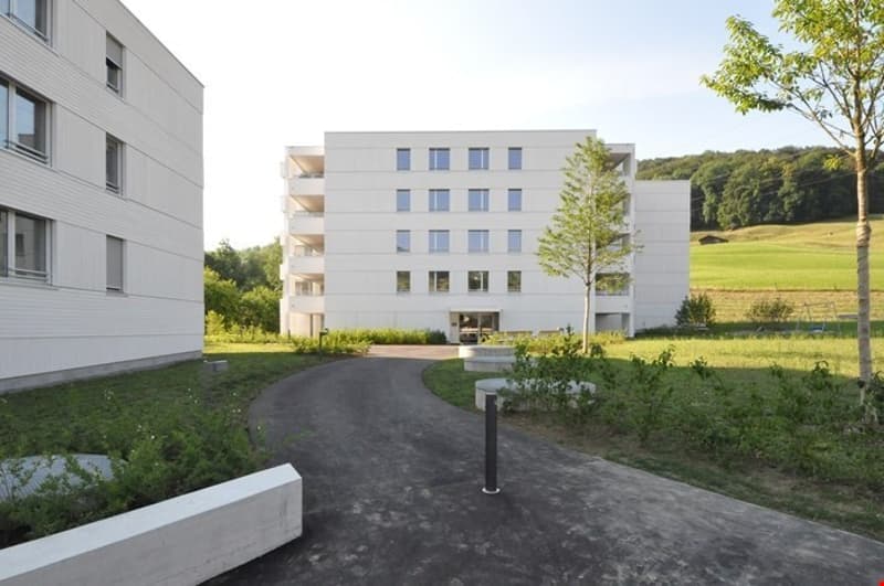 Modern white apartment building with several floors, landscaped area, and a pathway.