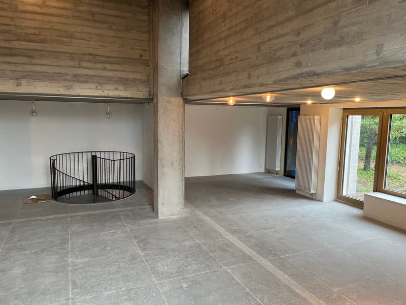 Concrete column, concrete floor, spiral staircase, metal railing, white walls, white radiators, glass doors