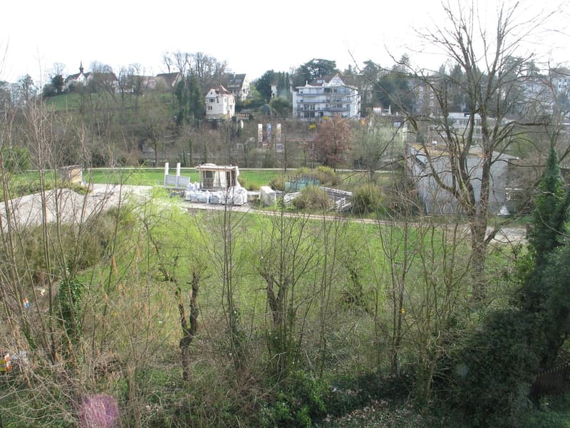 Garden with grass, leafless trees, a small building, and distant houses with a scenic view