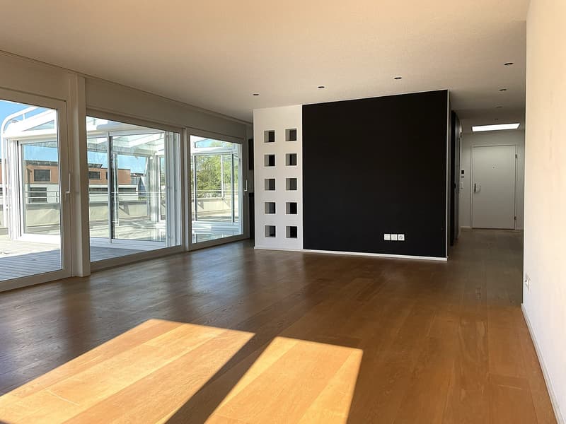large room, hardwood floors, large glass doors, black wall, white walls, balcony