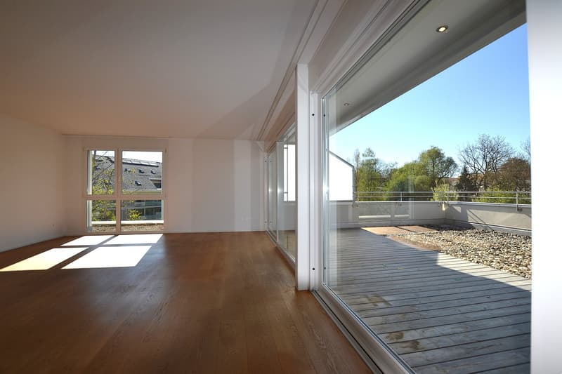 empty room, wooden floor, large glass windows, balcony