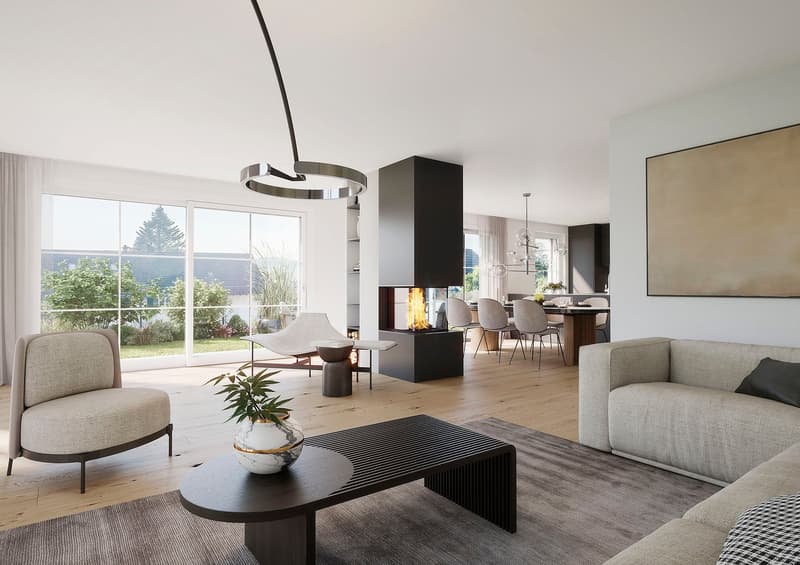 Spacious open-concept living room with large windows overlooking a garden, modern fireplace, gray sofa, coffee table, and dining area with chairs
