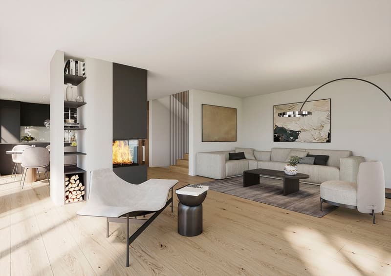 Spacious living room with hardwood floors, white walls, large windows, modern gray sectional sofa, black and white artwork, fireplace with firewood storage, and a minimalist coffee table and side tables.