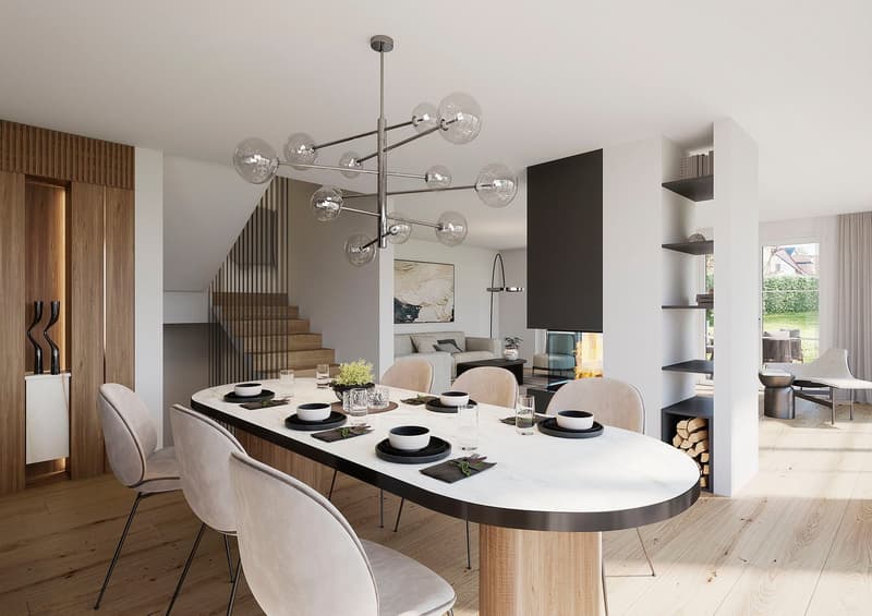Spacious dining room with a modern chandelier, a large oval dining table with white and black tableware, and a fireplace visible in the background. The room has a minimalist and contemporary design with wooden floors, white walls, and built-in shelves.
