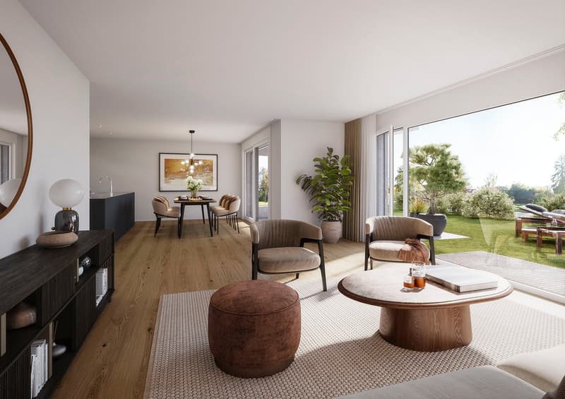 Spacious open-plan living room with large windows overlooking a garden, hardwood flooring, a dining area with a table and chairs, a TV stand, and various seating options including armchairs and a round coffee table with a pouf.
