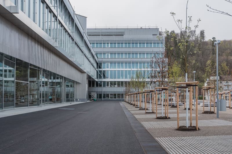 Multi-story office building with glass facade, surrounded by a paved outdoor area with benches and trees