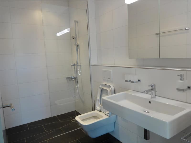 white tiled walls, white ceramic sink, modern shower with shower head, white toilet, soap dispenser