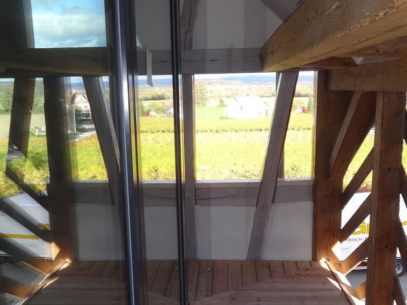 Glass wall, wooden beams, wooden floor, view of a field and house in the distance