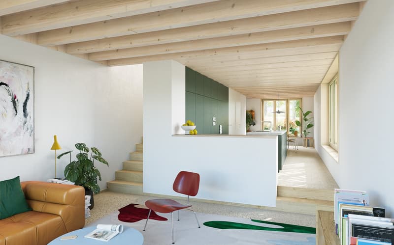 modern interior, white walls, wooden ceiling, open kitchen, living room, staircase, couch, chair, table, plants, books