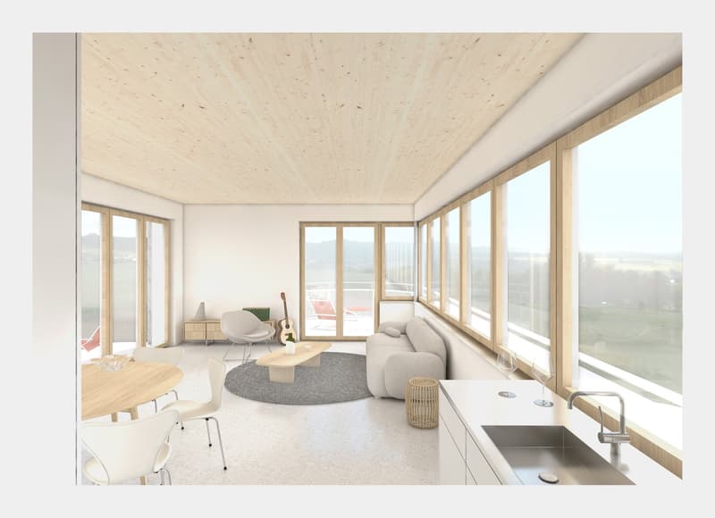 Open living space with large windows, wooden ceiling, modern furniture, kitchen area with sink and faucet, dining table, and chairs, couch, and coffee table, guitar, and other decorative items