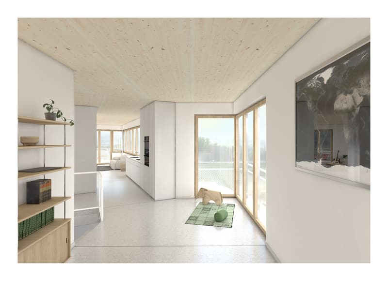 open floor plan, kitchen, living room, balcony, large windows, view