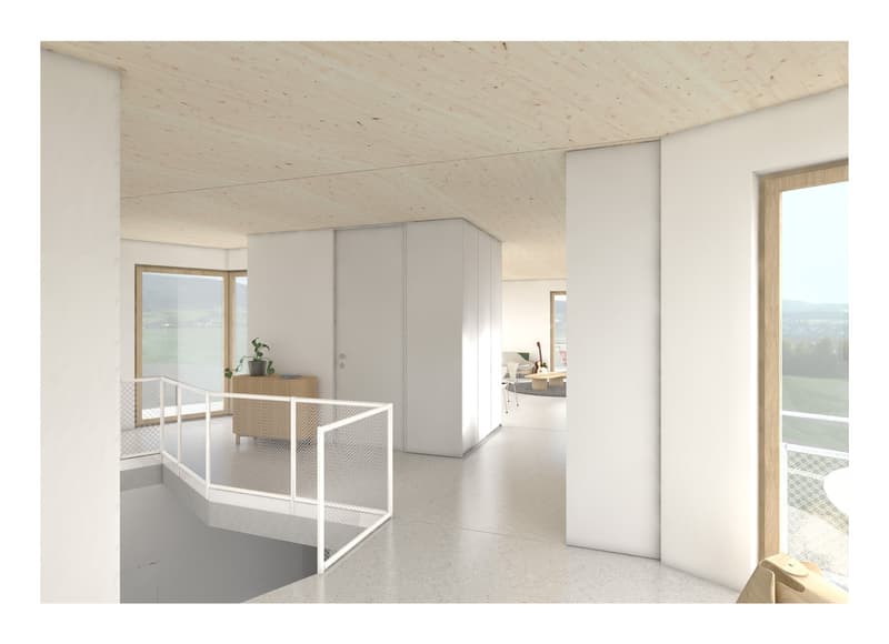 open floor plan, white walls, wooden ceiling, balcony, large windows, staircase