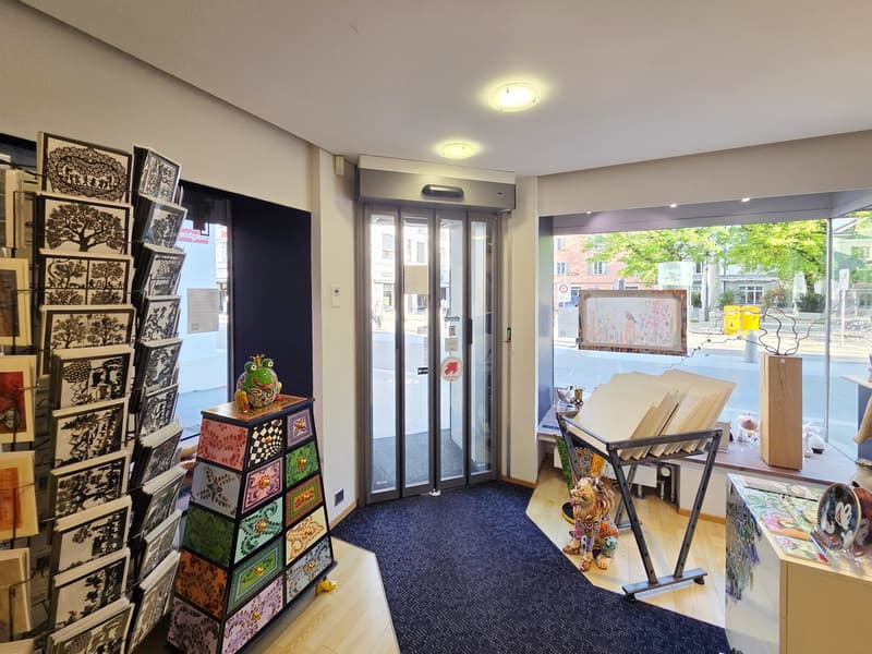 entrance hall with automatic sliding doors, blue carpet, display of art cards, decorative items, and sculptures