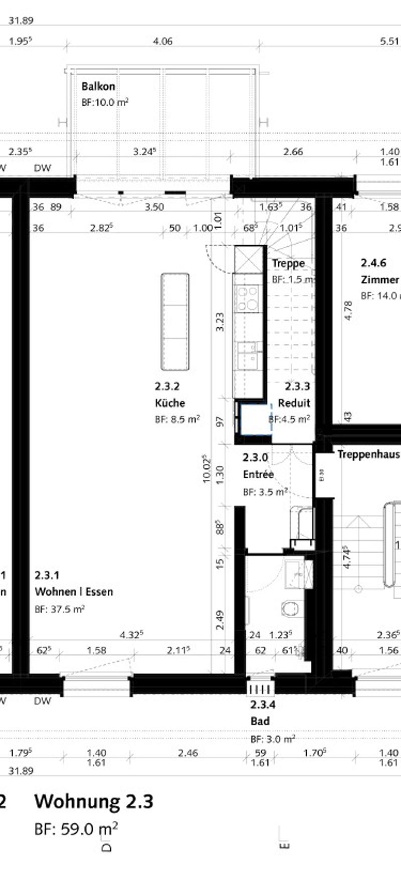 living room, kitchen, 2 bedrooms, 2 bathrooms, balcony, entrance, stairwell