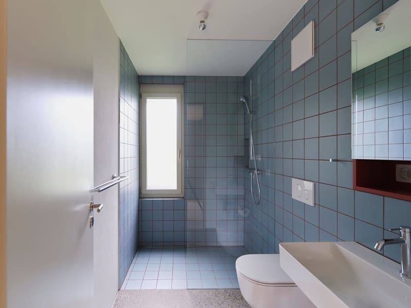Blue tiled bathroom with shower, toilet, sink, and glass door