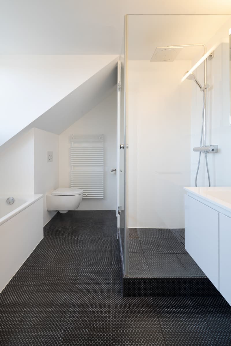 modern bathroom, white walls, black floor, glass shower, white bathtub, white toilet, white sink