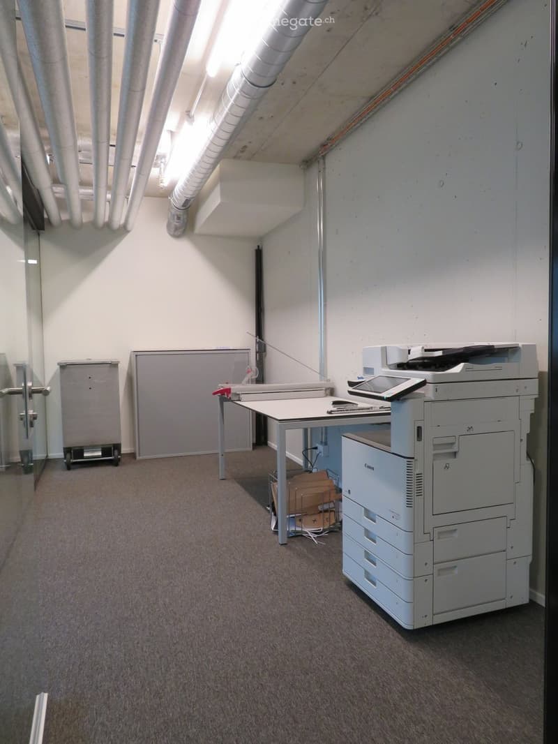 Empty office space with a printer, a desk, a storage box, and an industrial cart. White walls and ceiling with visible piping. Carpeted floor.