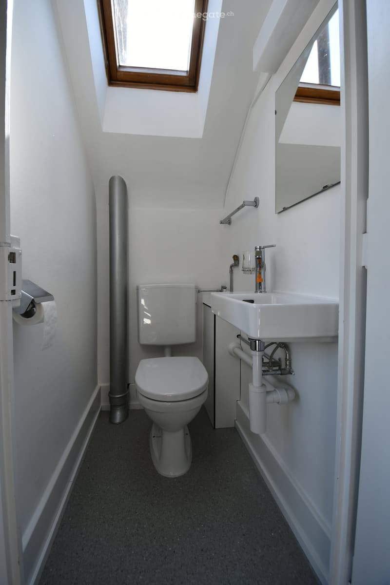Bathroom with white walls, white sink, white toilet, mirror, ceiling light