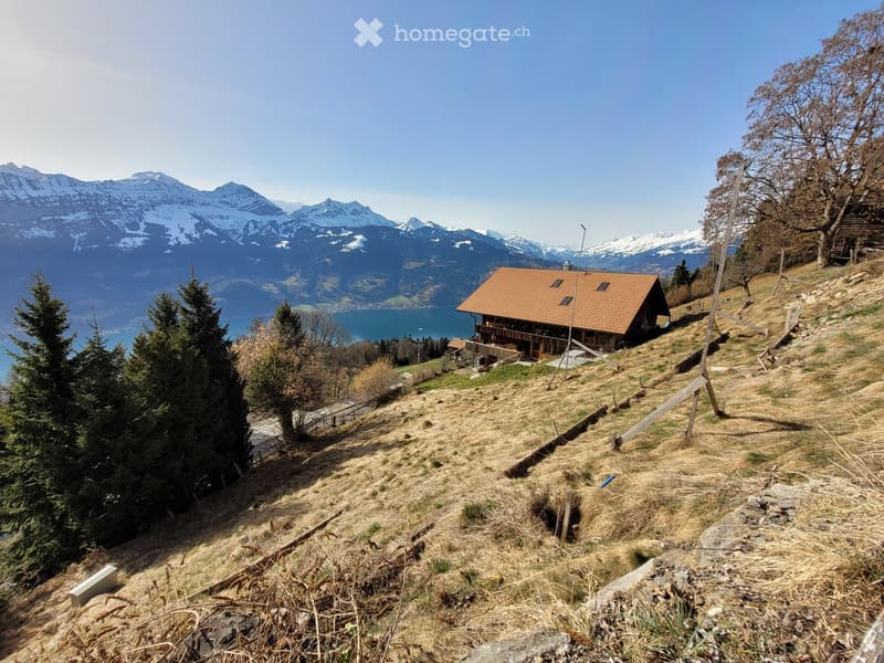 Mountain cottage with brown roof, surrounded by trees and mountains, lake in the background