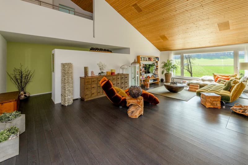 modern living room with wooden floor, large windows, wooden ceiling, couch, armchair, coffee table, shelves, plants