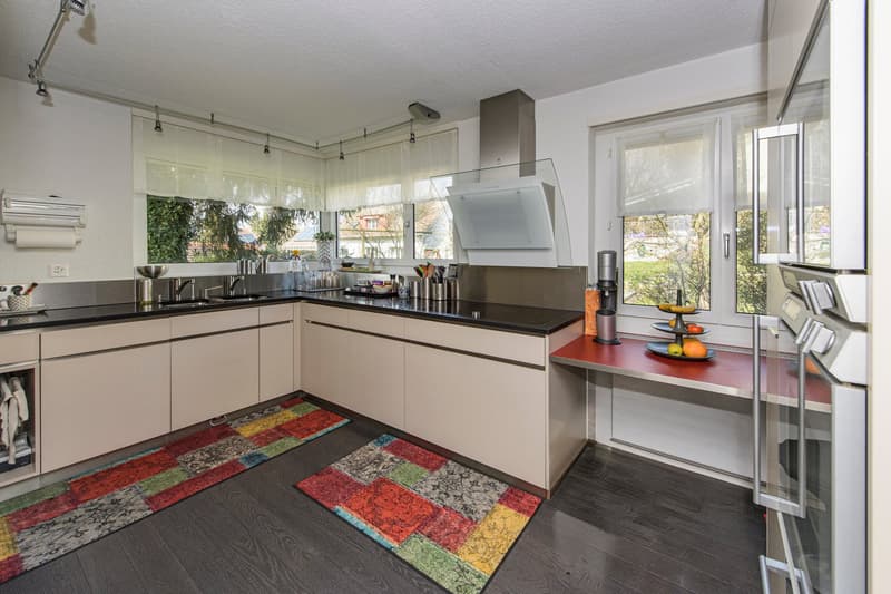 modern kitchen with white cabinets, black countertops, stainless steel appliances, large windows, colorful rugs