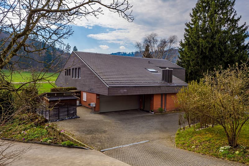 Detached house, brick walls, gray roof, garage, solar panels on the roof, driveway