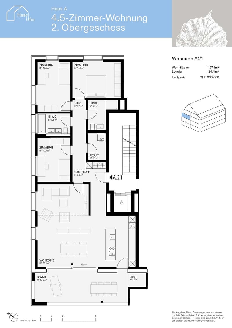 Living room, kitchen, 3 bedrooms, 2 bathrooms, balcony, wardrobe, storage room, utility room