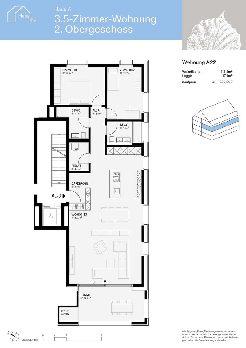 Floor plan of a 3.5-room apartment on the 2nd floor, including living room, kitchen, 2 bedrooms, 2 bathrooms, wardrobe, and a balcony.