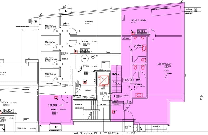 Grundriss UG (Büro, WC-Anlagen, Lagerflächen, Kühlzellen, etc.)
