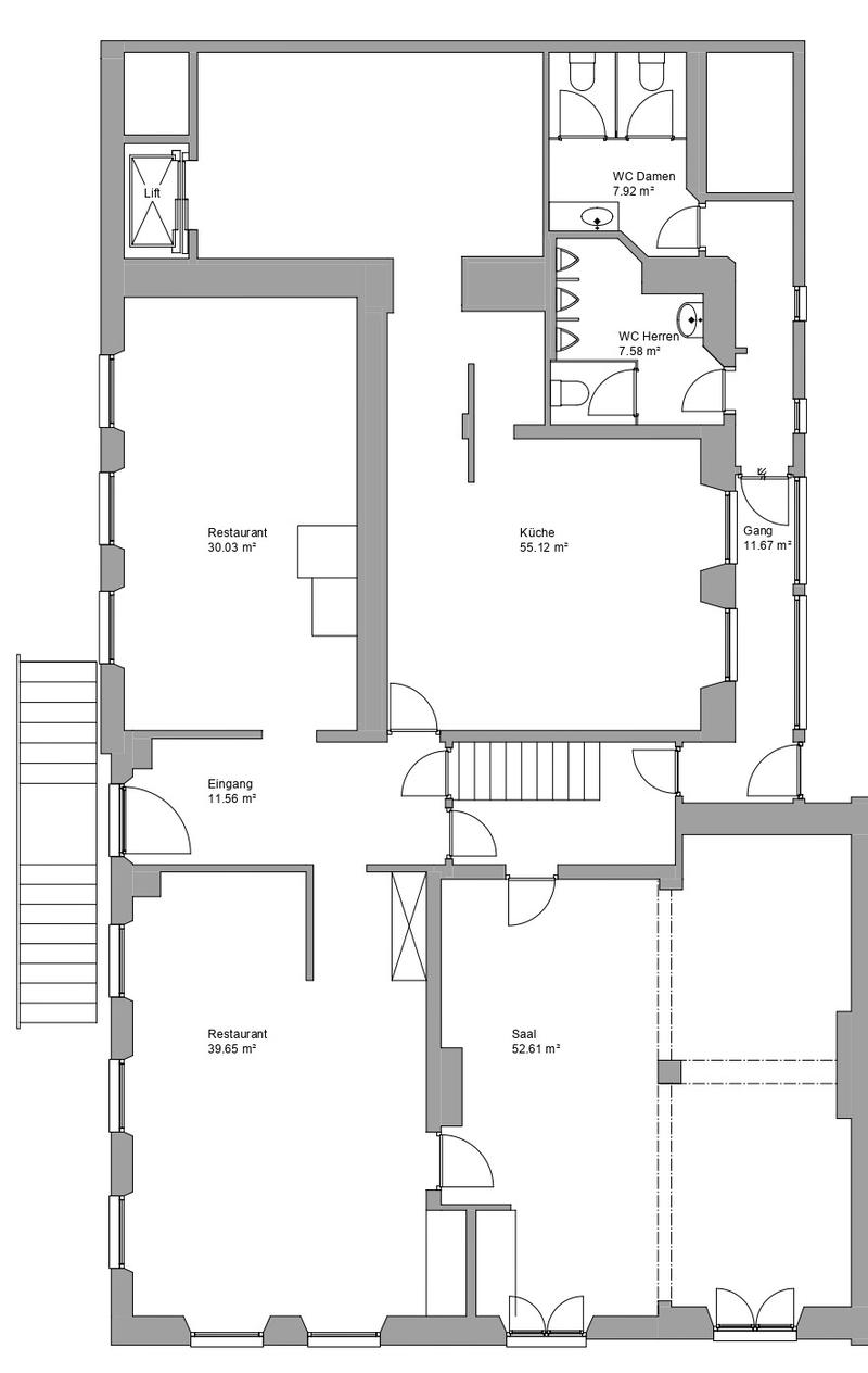 The floor plan shows a restaurant area, a kitchen, a men's and women's restroom, a hallway, and a room labeled as 'Saal' (which likely means 'hall' or 'room' in German). The plan also indicates the presence of a balcony or terrace.