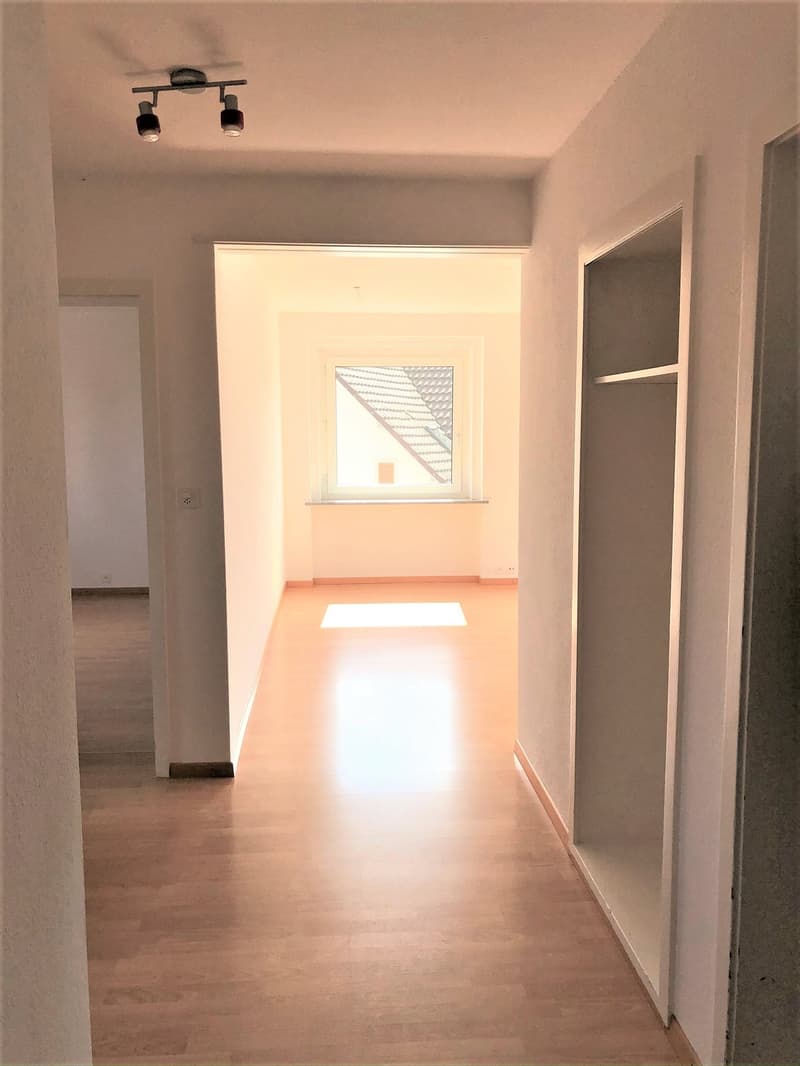 empty room, white walls, wooden floor, windows, open door, ceiling lamps
