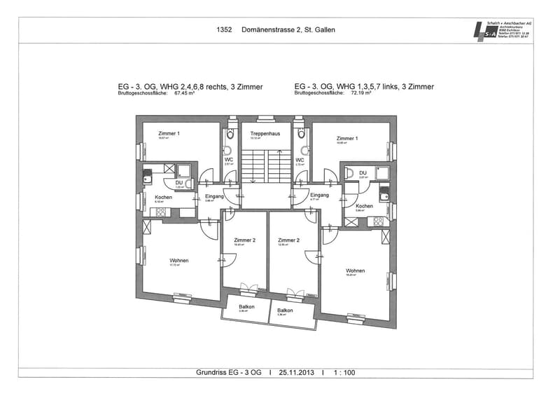 Ground floor with 2 entrances, living room, kitchen, 3 bedrooms, 2 bathrooms, 2 balconies, staircase