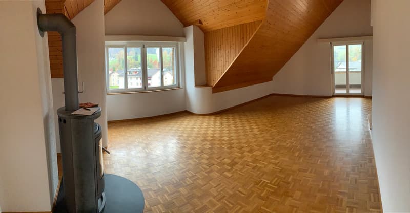 grosses Wohnzimmer mit Kaminofen und Parkettboden (Panoramabild)